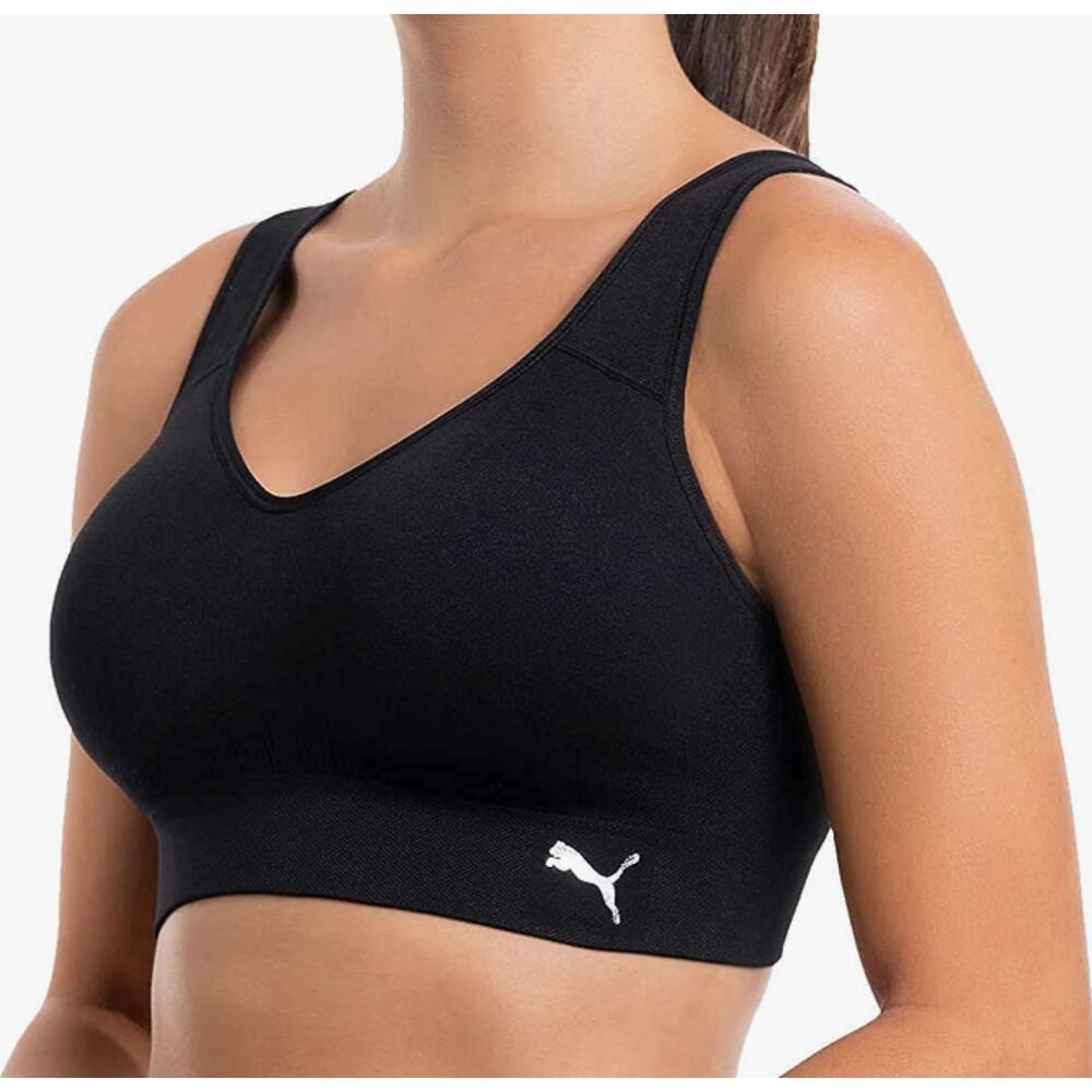 PUMA Women's XL Black Sports Bra Wireless Pullover Logo Solid Medium Support